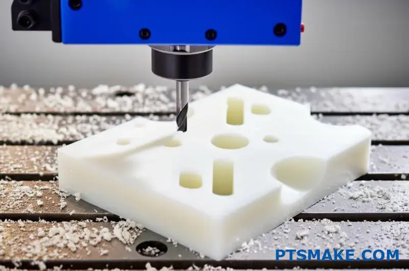 CNC machine bewerkt UHMWPE blok met zichtbare spaanders en oppervlakteafwerking