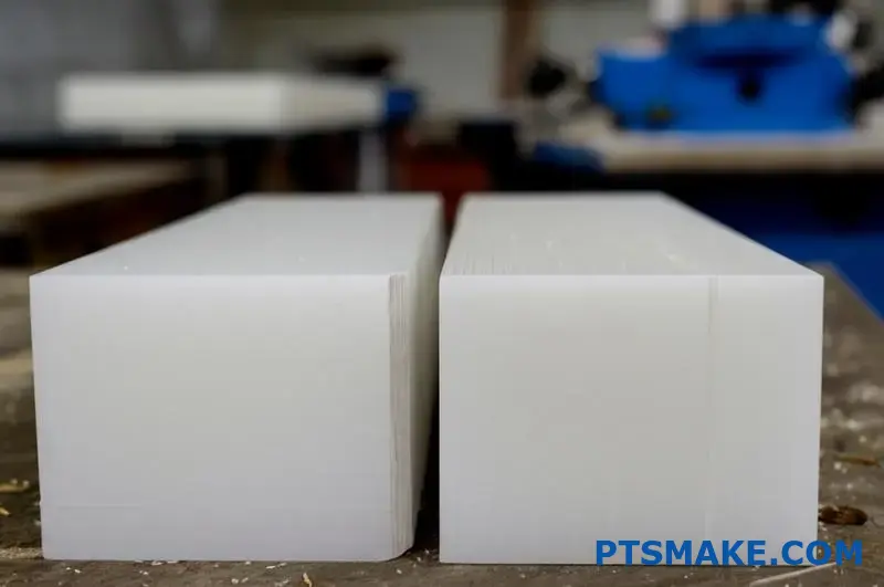 Snijvlak van HDPE vs UHMWPE onder zachte verlichting toont het verschil in bewerking