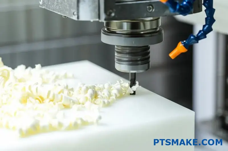 UHMW kunststof blok wordt bewerkt op CNC gereedschap met draderige spaanvorming