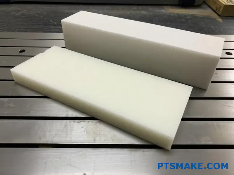 UHMWPE blok met bewerkingssporen naast gepolijst HDPE deel