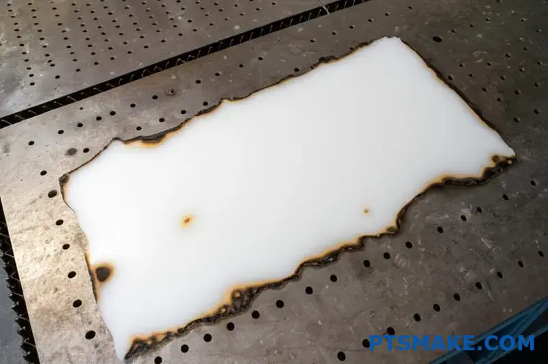 Gesmolten UHMWPE-kunststofplaat met lasersnijtekens en verkoolde randen