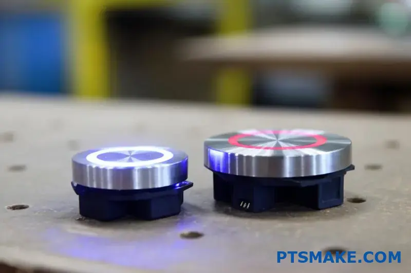 Two sizes of LED stainless steel buttons with glowing lights