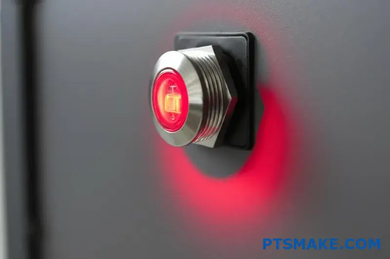 Large 25mm LED control button with glowing red light on metal panel