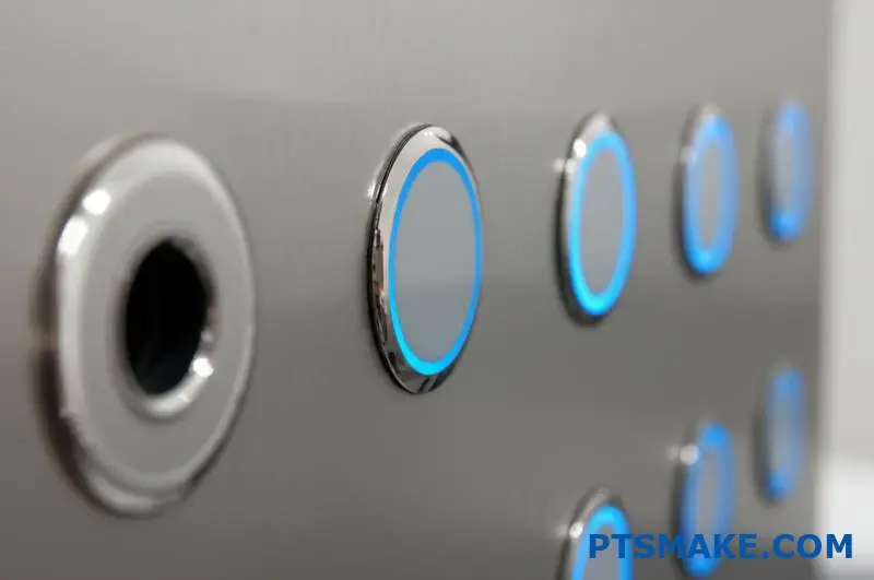 Touchless infrared buttons with stainless steel finish for industrial settings