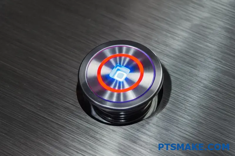 Glowing LED stainless steel control button with brushed metal texture