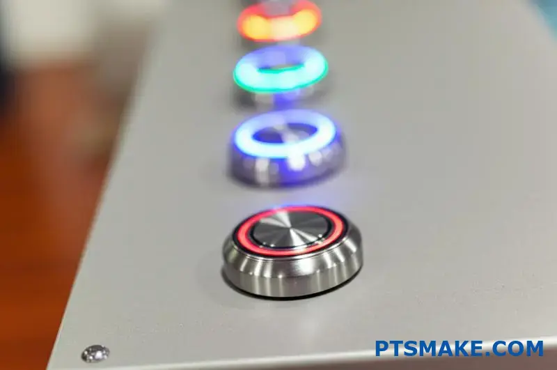 Multi-color LED stainless steel buttons on a control surface
