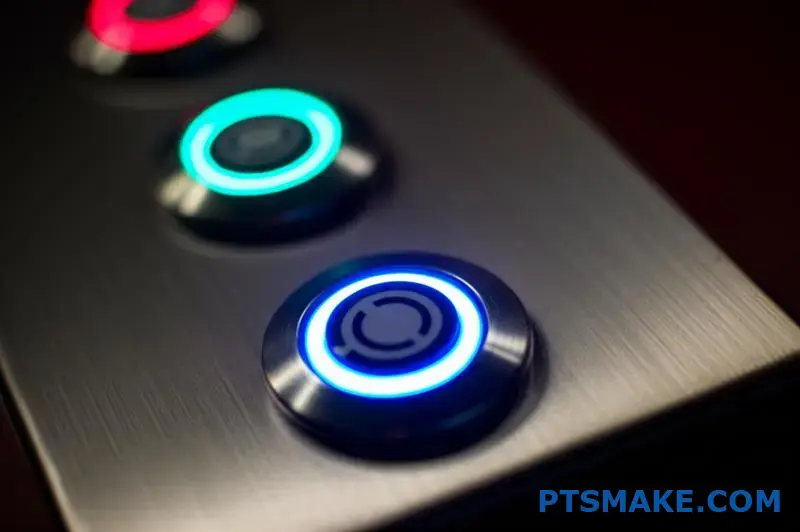 Glowing stainless steel control button with blue LED illumination