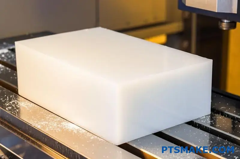 Gedeeltelijk bewerkt UHMWPE blok op CNC machinebed met zichtbare gereedschapspaden