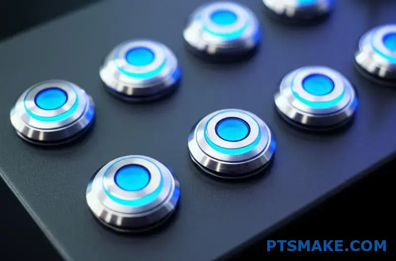blue backlit stainless steel LED buttons on durable control panel