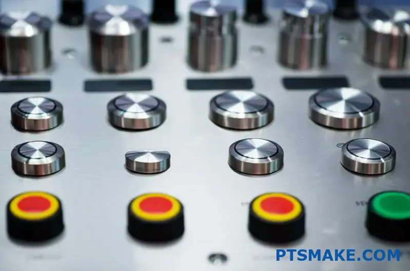 Various stainless steel industrial buttons displayed in different sizes