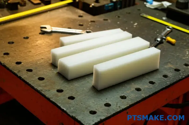 Vervormde witte UHMWPE-blokken met vervormingspatronen bij machinale bewerking