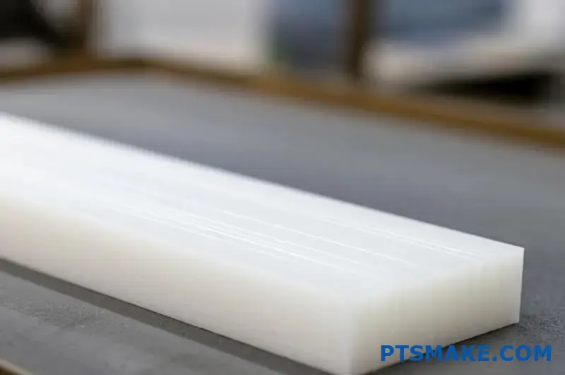 UHMWPE-blok met vervorming door machinale bewerking met oppervlaktedetails en textuur