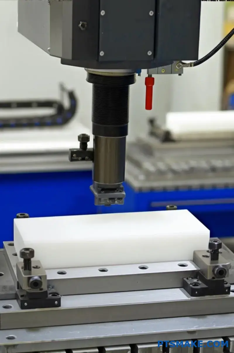 UHMWPE kunststof blok vastgezet met verdeelde klemming op CNC-opspanning