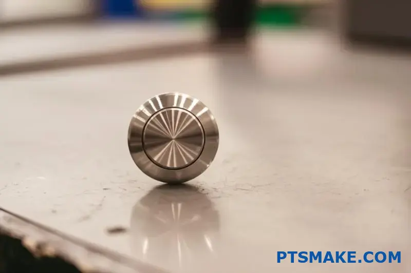 Brushed stainless steel button made from 18-8 alloy on industrial workbench