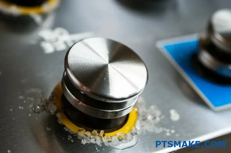 Brushed 18-8 stainless steel button showing passive layer corrosion resistance