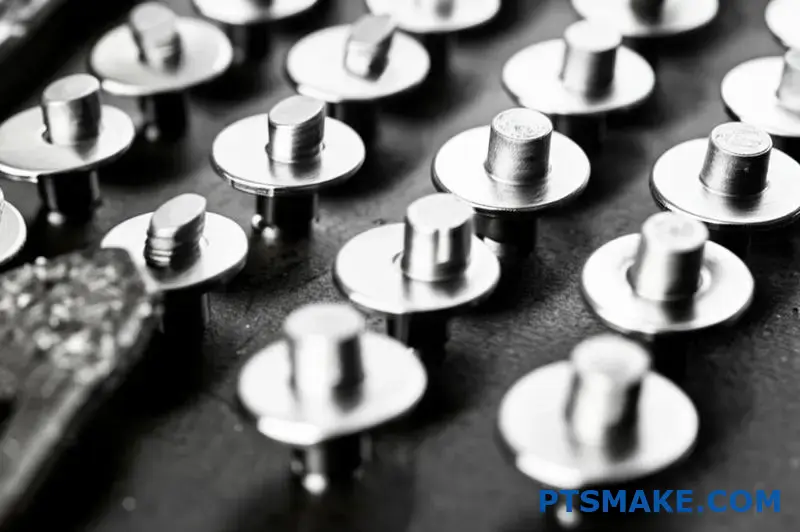 Multiple shiny silver stainless steel buttons in workshop setting