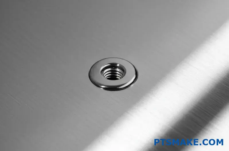 Partially installed stainless steel button fastener on metal surface