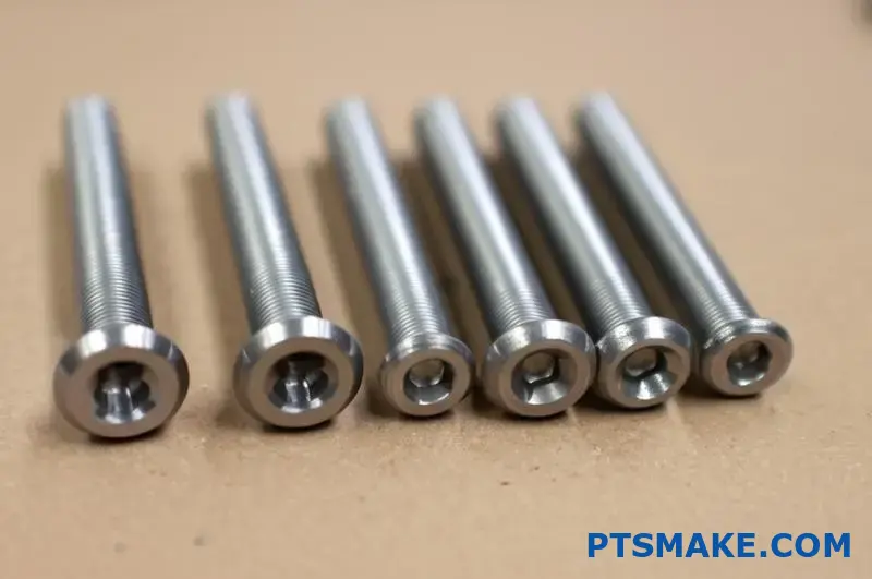 Polished stainless steel button fasteners arranged on bench