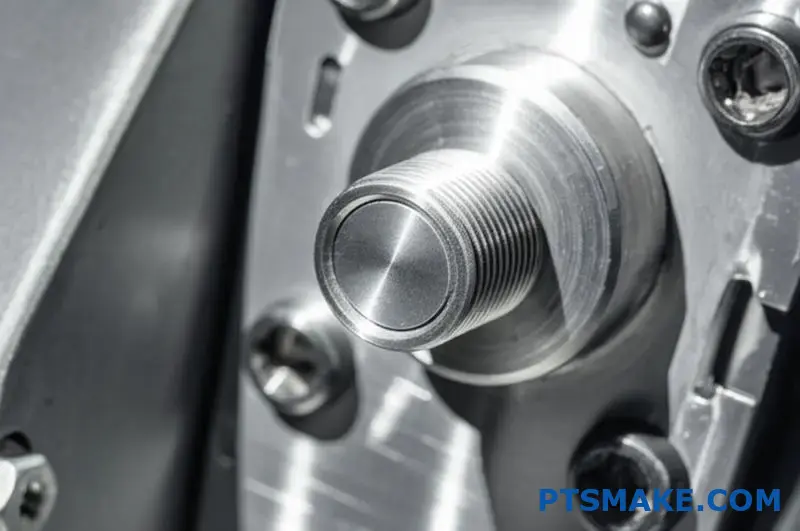 close-up of stainless steel button with threaded housing in control panel