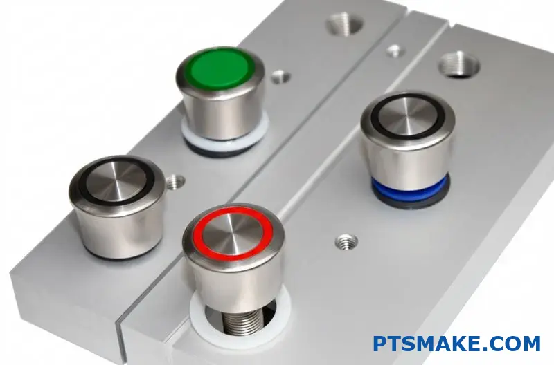 Push buttons with stainless steel threads on aluminum and plastic panels