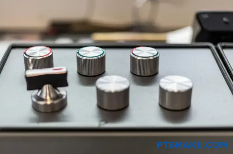 Various stainless steel control buttons on equipment panel