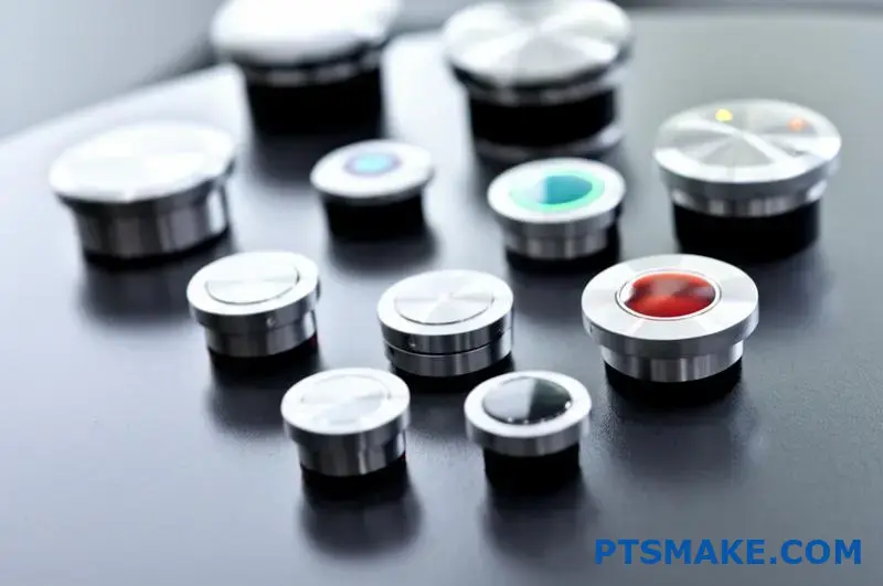 Various stainless steel panel buttons in different styles and sizes