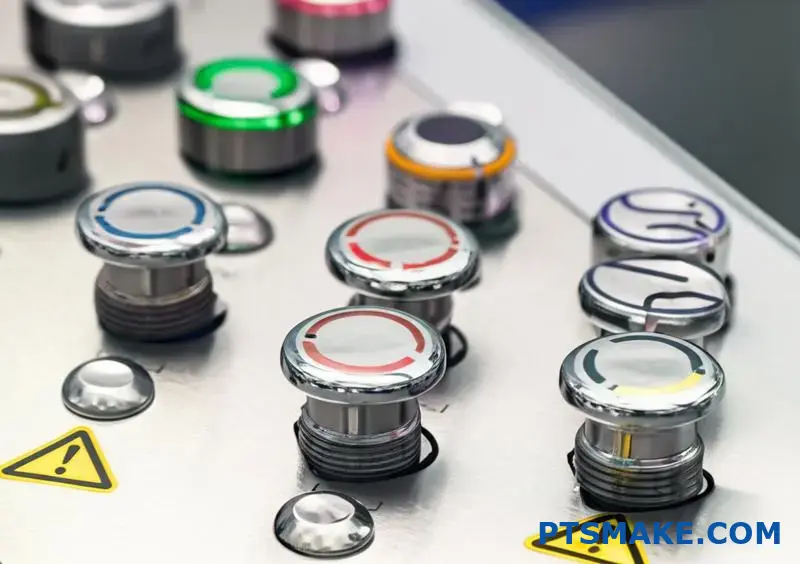 Premium stainless steel push buttons on industrial control panel