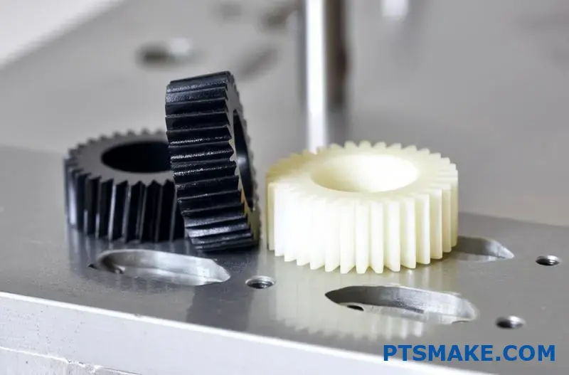 Ingranaggi in plastica PEEK e Delrin lavorati con precisione su superficie metallica