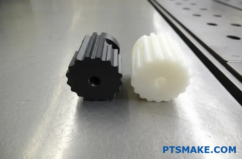 Componenti in plastica acetalica bianca e PEEK nero con superfici lavorate