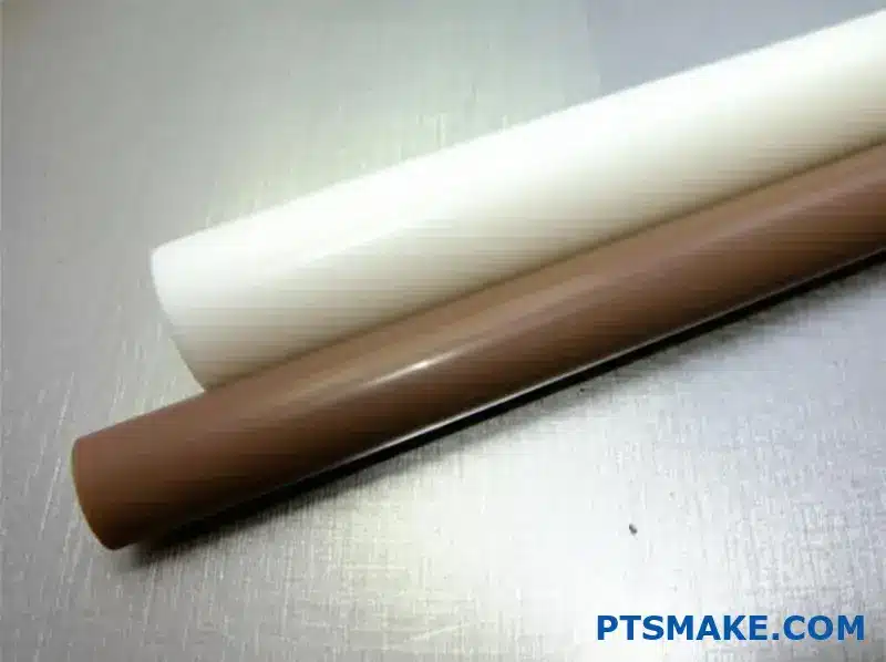 Aste di PTFE bianco e PEEK marrone affiancate per il confronto dei materiali