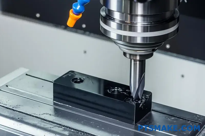Lavorazione del PEEK con utensile CNC che mostra l'usura dell'utensile e la formazione di trucioli