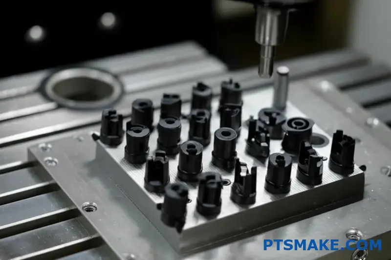 Pezzi in plastica nera PEEK inseriti in un'attrezzatura per l'efficienza della lavorazione CNC