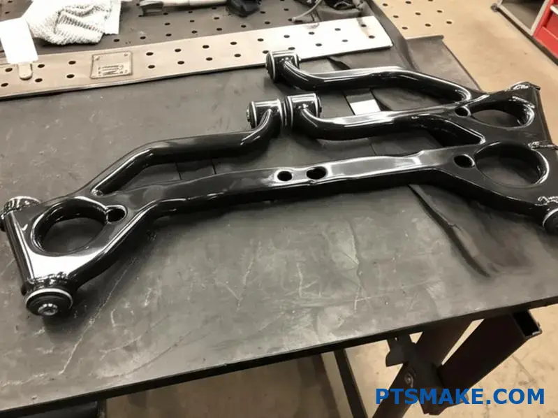 a pair of black custom control arms with matte finish showing structural details