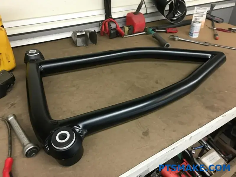 Brazos de control personalizados negro mate con bujes en el banco del garaje