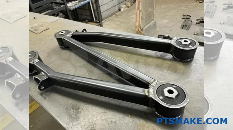 reinforced black custom control arms with gussets and robust design