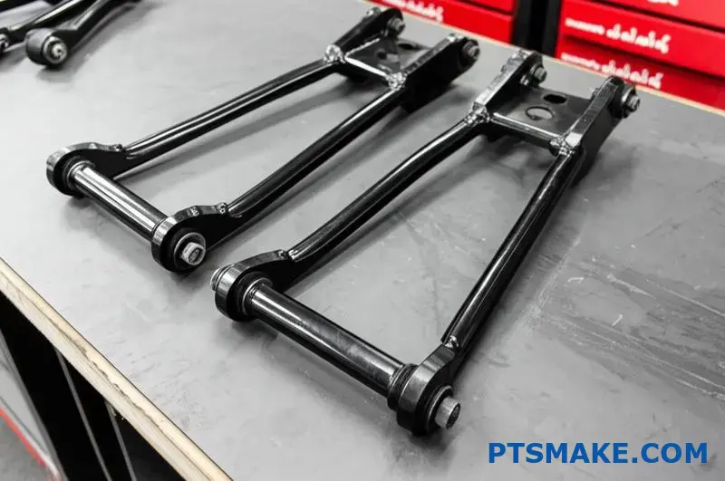 Brazos de control de suspensión personalizados negros con casquillos en el banco de trabajo