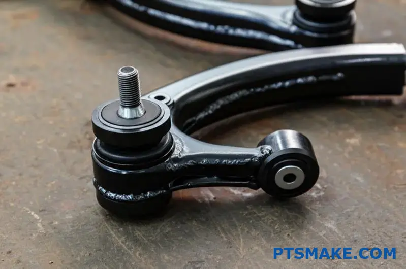 Close-up of custom control arms featuring polyurethane bushings and rod ends