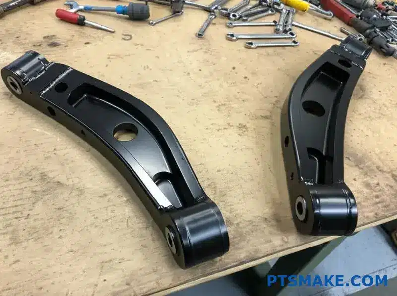 Precision black custom control arms for vehicle suspension