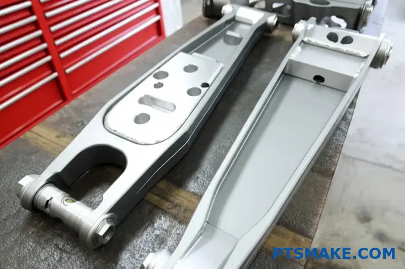 Custom control arms made of billet aluminum and chromoly steel