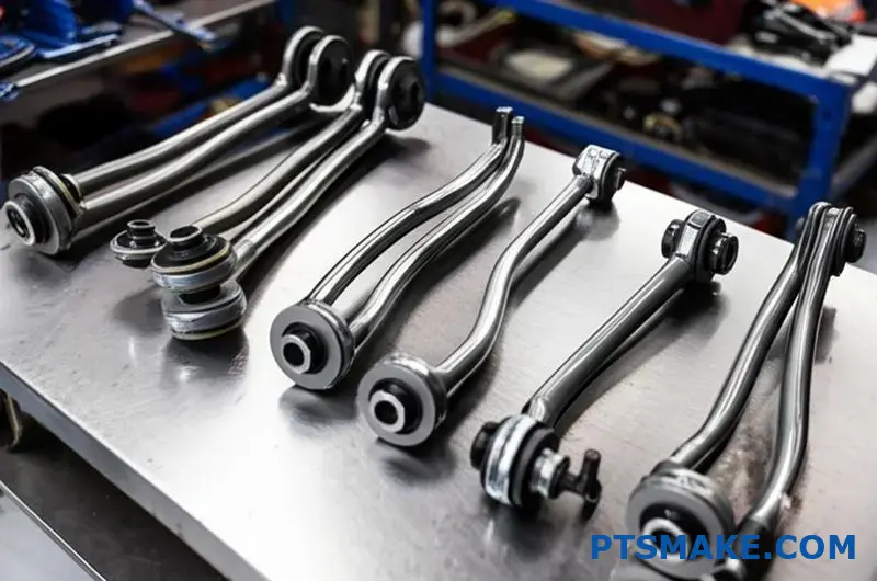 Varios tipos de brazos de control de materiales metálicos expuestos uno junto al otro