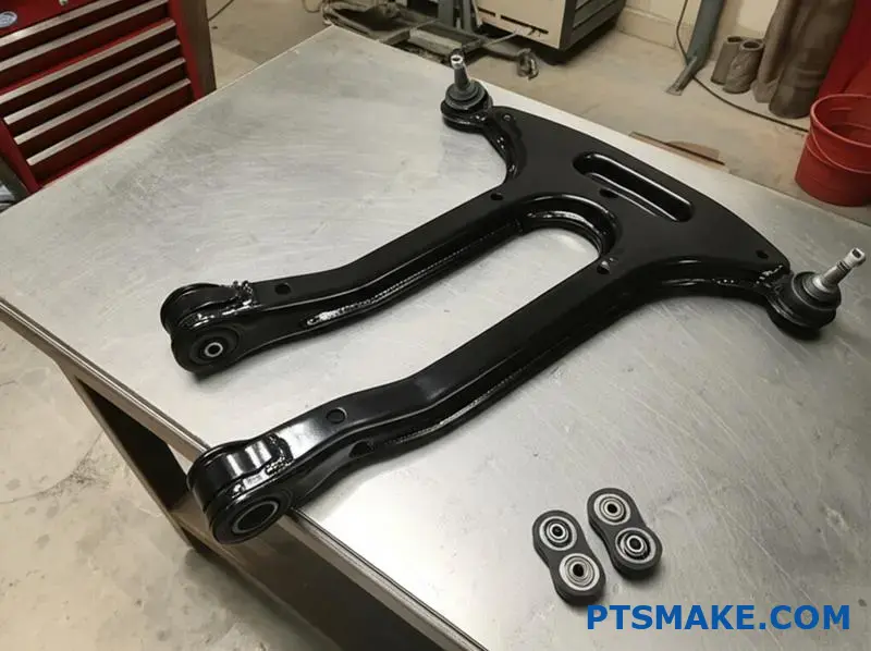 pair of custom vehicle suspension control arms with bushings