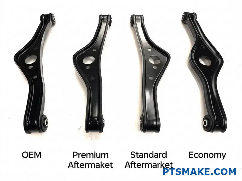 Comparación de brazos de control OEM y aftermarket con diferentes calidades de fabricación