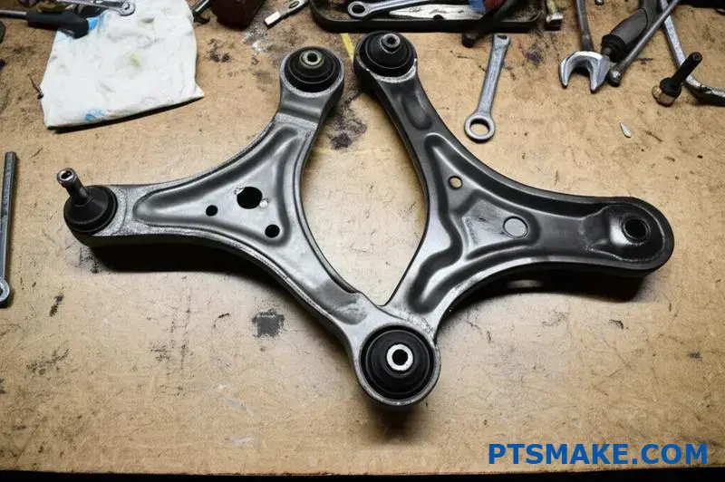 Brazos de control de la suspensión delantera y trasera con herramientas en el banco de trabajo del garaje