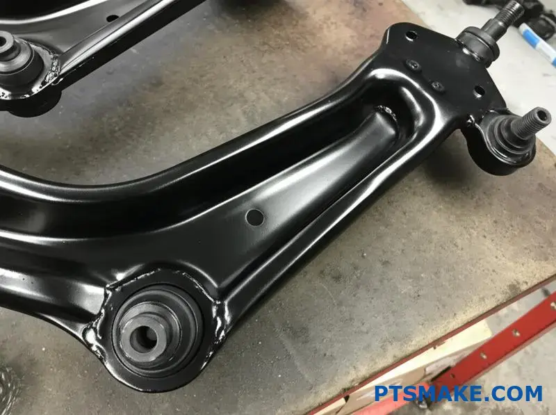 Black custom suspension control arms with high precision joints and optimized geometry