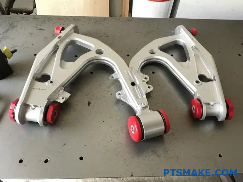 brazos de control de aluminio personalizados con bujes de poliuretano rojo para mejorar la suspensión