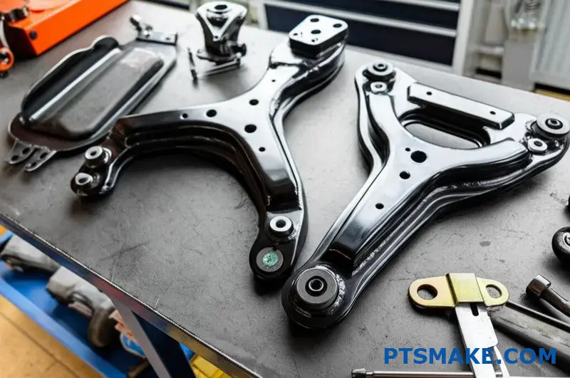 Matte black custom suspension control arms beside alignment tools on garage bench