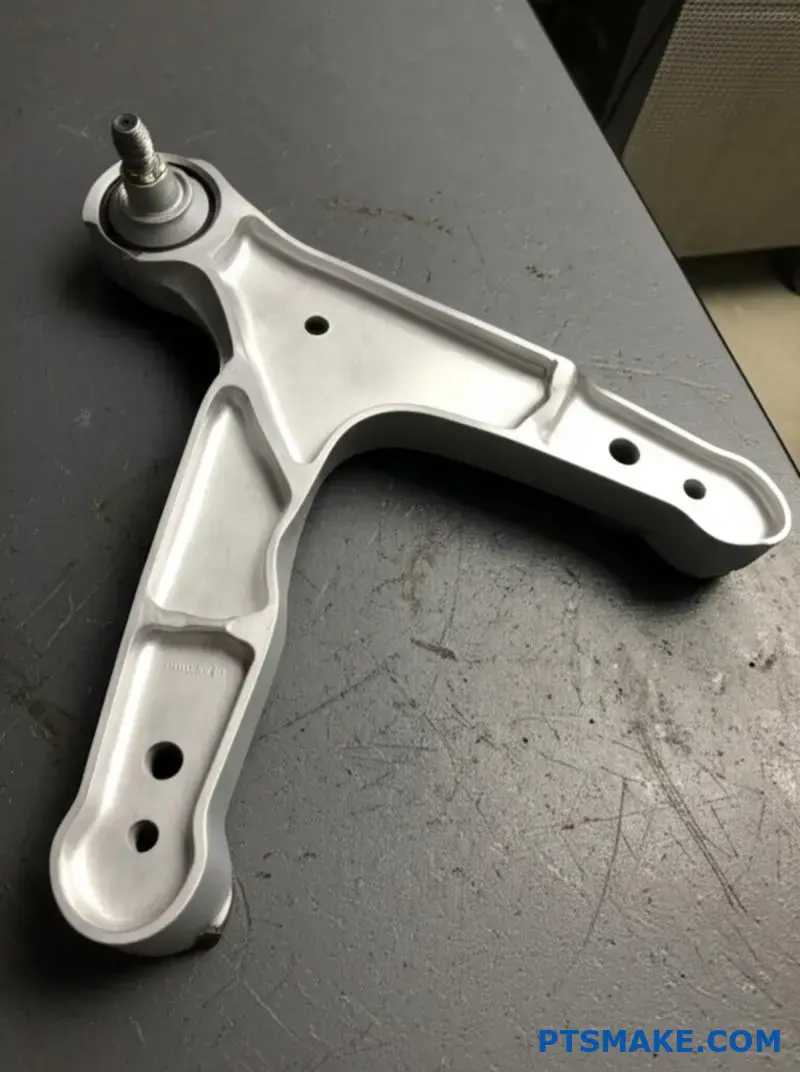 Brazo de control personalizado plateado de aleación de aluminio 6061-T6 sobre mesa de taller