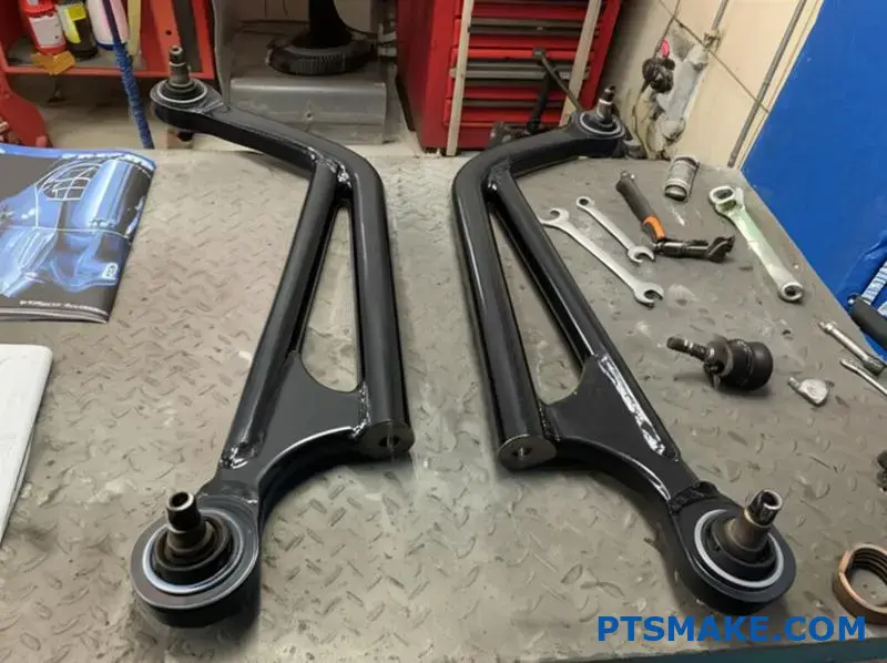 custom steel control arms with black finish on workshop table