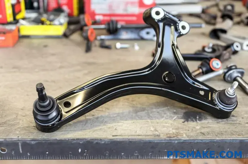 Custom aluminum control arm with camber adjustment bolts and threaded rods