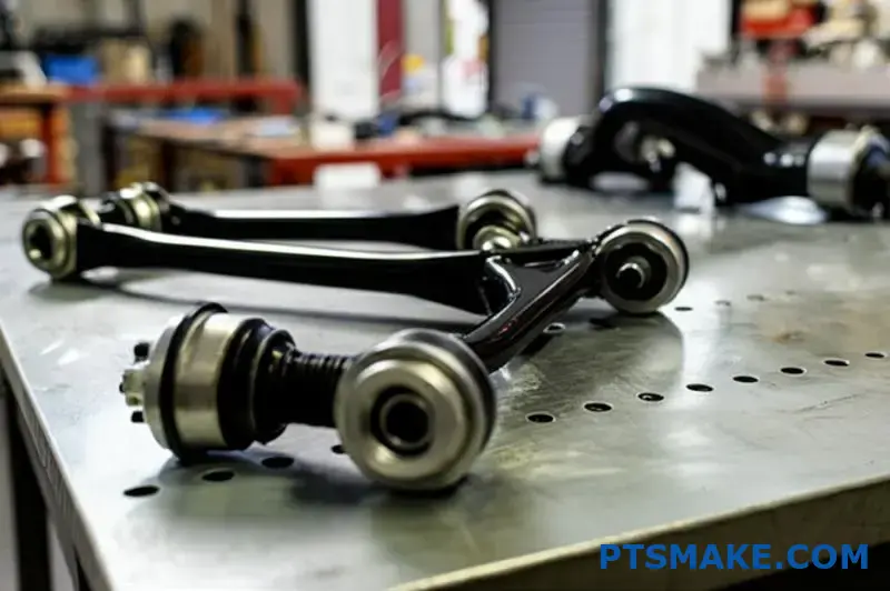 adjustable black control arms with bushings for automotive suspension tuning